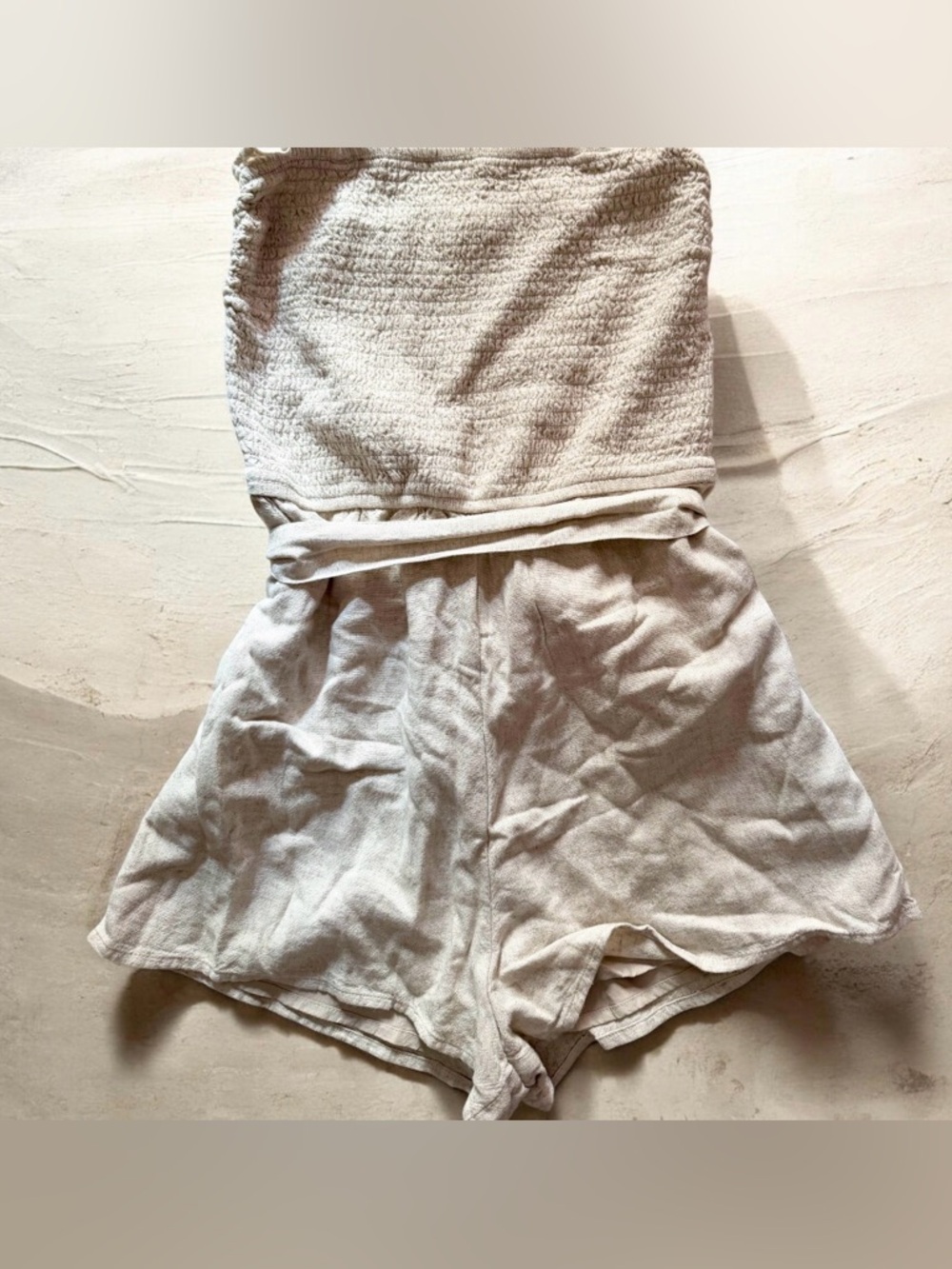 Abercrombie & Fitch Beige Strapless Smocker Linen Tube-Top Romper